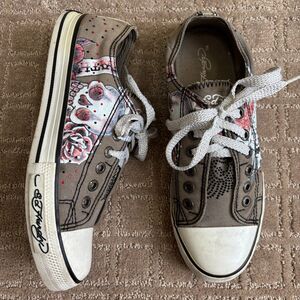 Ed Hardy Skull Rose Low Top Sneakers Women's 9 Gray Canvas Lace Up Rhinestones